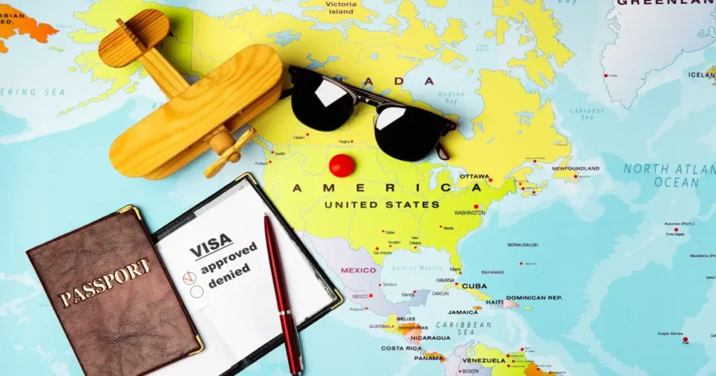 Study abroad vs home country study: passport, visa form, airplane on world map.