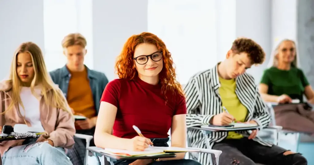 Students preparing for IELTS, TOEFL, or PTE English language test in classroom