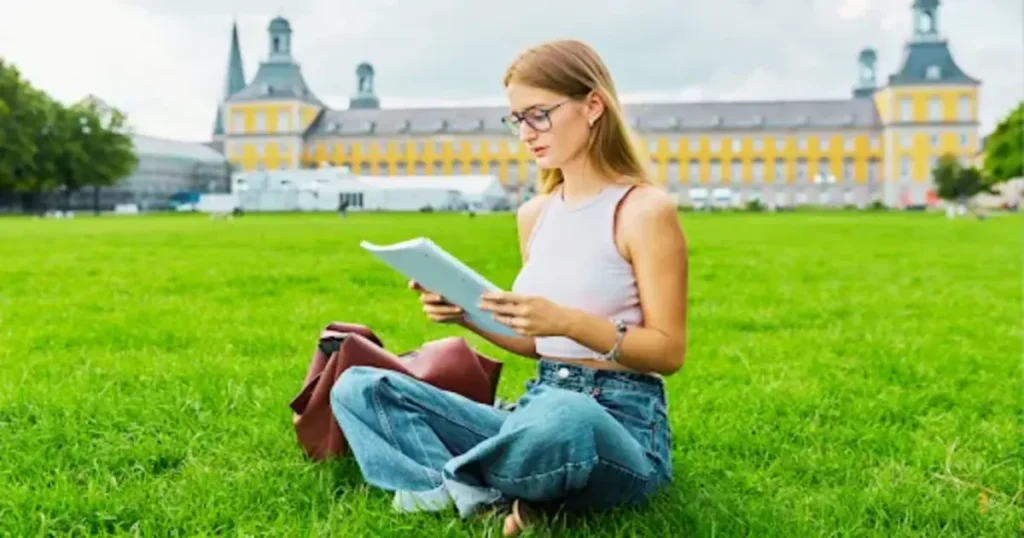 A student reviewing documents, possibly for the Germany student visa process.