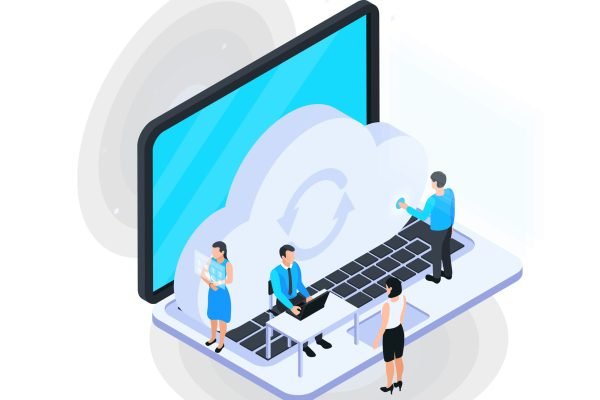 Cloud services isometric composition with image of laptop with small human characters and cloud icon vector illustration