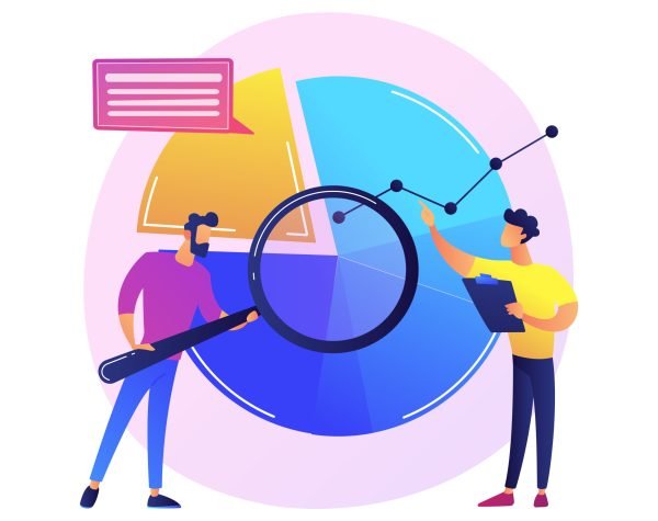 Statistical analysis. Man cartoon character with magnifying glass analyzing data. Circular diagram with colorful segments. Statistics, audit, research. Vector isolated concept metaphor illustration