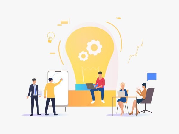 Light bulb, people discussing ideas and working. Innovation, study, work concept. Vector illustration can be used for topics like business, education, research