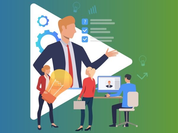 Boss giving direction and people working. Leader, idea, business goals. Business concept. Vector illustration for poster, presentation, new project