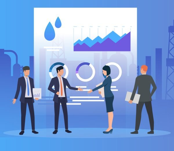 Business partners working and discussing issues, diagrams. Negotiations, management, oil industry concept. Vector illustration can be used for topics like business, marketing, analytics