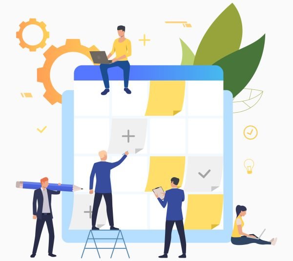 Business people planning and working with task board. Staff, scheduling, teamwork concept. Vector illustration can be used for topics like business, management, planning