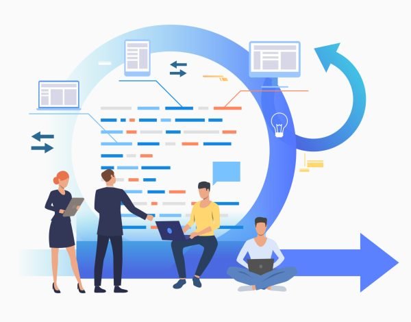 Teem discussing project at Kanban board. Scrum meeting, conversation, working on laptop. Business concept. Vector illustration can be used for presentation slides, landing pages, posters