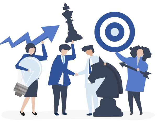 Business people holding goal and strategy icons illustration