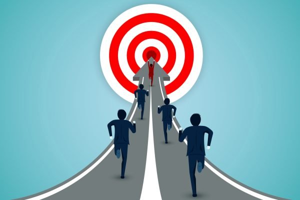 Leadership concept. Businessmen are running competition on the arrow to the red circle target. business finance concept. creative idea. startup. illustration cartoon vector
