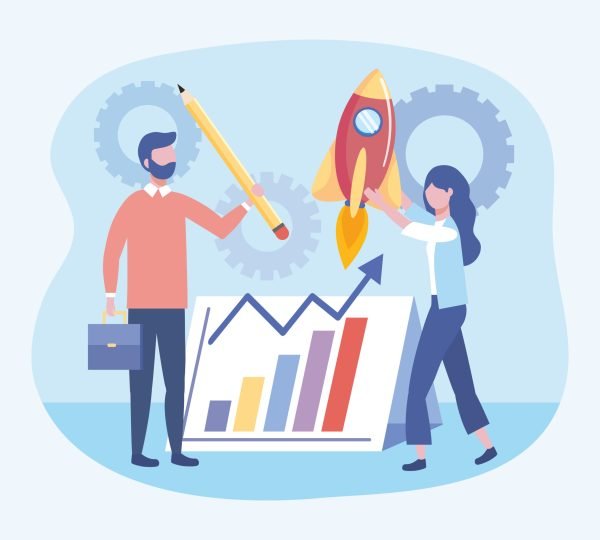businessman and businesswoman with statistics bar and pencil to teamwork strategy vector illustration