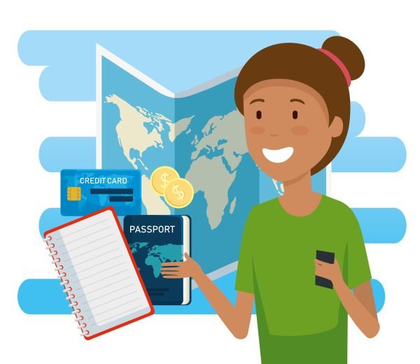woman tourist with global map and passport vector illustration