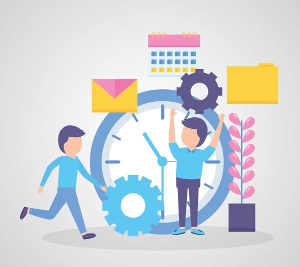 businessmen with clock gear calendar email file vector illustration