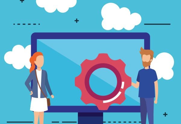 mini people with computer and gear vector illustration design