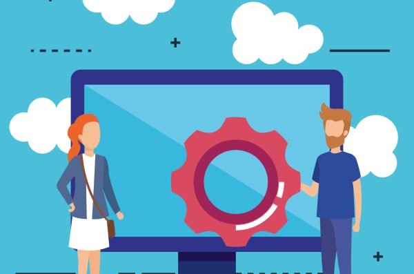 mini people with computer and gear vector illustration design