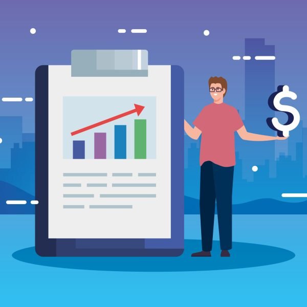 man and clipboard with infographic vector illustration design