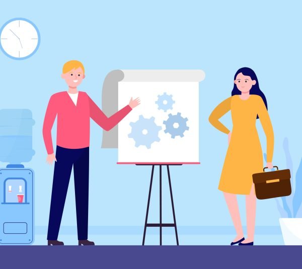 Manager presenting technical solution. Speaker pointing hands at gears on flipchart flat vector illustration. Presentation, engineering concept for banner, website design or landing web page