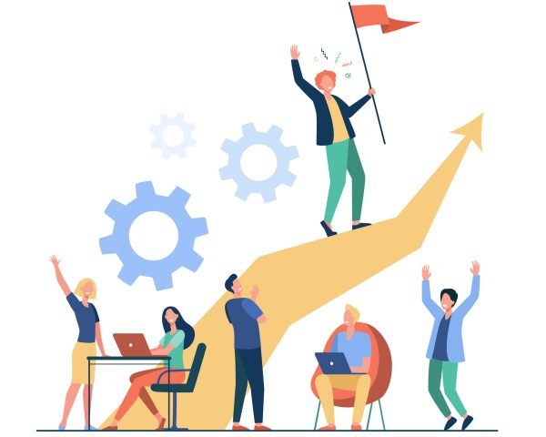 Business leader standing on arrow and holding flag flat vector illustration. Cartoon people training and doing business plan. Leadership, victory and challenge concept