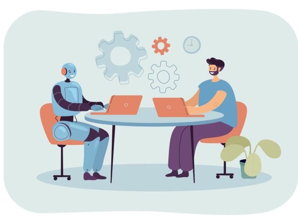 Cartoon man and robot sitting at laptops in workplace together. Male character using AI as workforce flat vector illustration. Friendship, digital technology, future concept for banner, website design