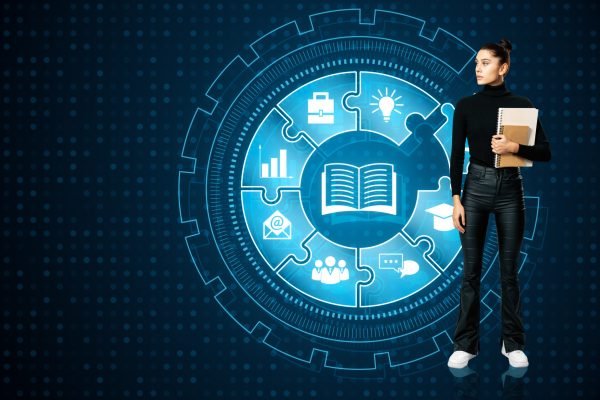 Attractive thoughtful young european businesswoman with creative digital round puzzle educational hologram on dark blue background. Microlearning and gamification concept