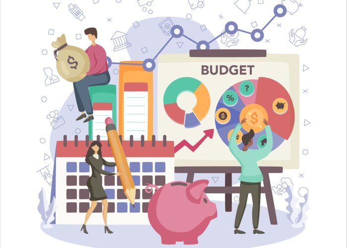 Economics and finance concept. Business people work with budjet, cost control. Idea of economic analysis and money making. Business strategy. Vector illustration in cartoon style