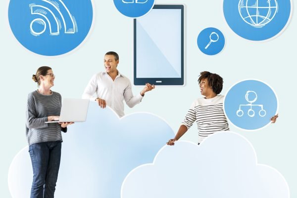 Happy people with cloud and technology icons