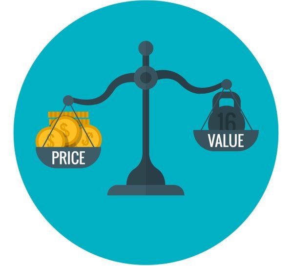 Business measurement of price and value with scale, pricing for profit vector concept. Compare price and value on scale, illustration of finance scale measurement