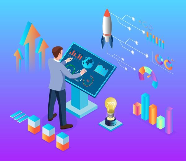 Business Analysis and management concept. Business Strategy, Big Data, Solution, Briefcase, Research, Data Mining, Accountancy. Website landing page. Isometric businesspeople plan and goal to success