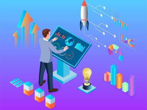 Business Analysis and management concept. Business Strategy, Big Data, Solution, Briefcase, Research, Data Mining, Accountancy. Website landing page. Isometric businesspeople plan and goal to success